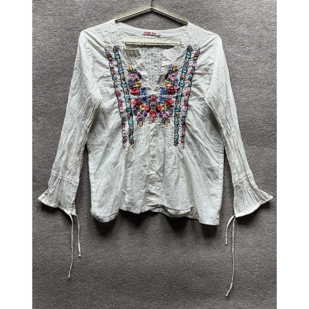 Johnny Was Women's Cotton White Embroidered Floral V Neck Tunic Size Medium EUC